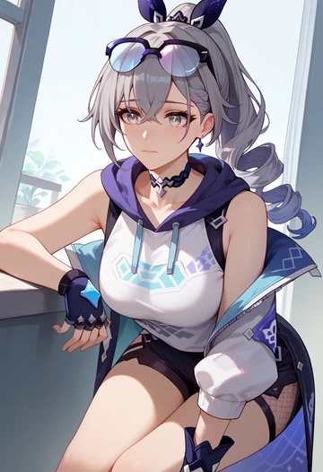 star rail,silver wolf,sleeveless hoodie,biker shorts  - AI generated anime art